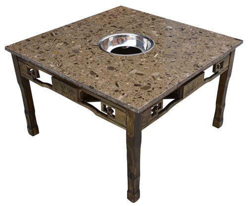 小龍坎實木（mù）複古雕花電磁爐下沉式大理石火鍋桌