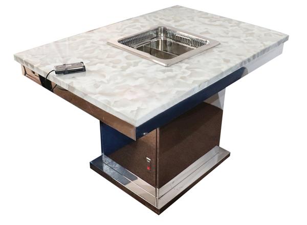 白色大理石無煙升(shēng)降火鍋一體桌 亮光不鏽鋼方形底座