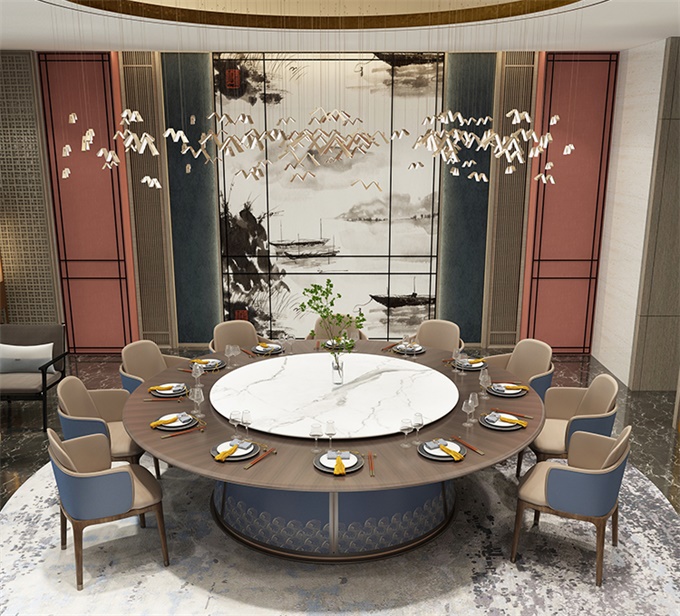 酒店新中式實（shí）木電動餐桌（zhuō）大圓桌