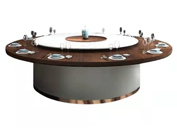 飯店包房實木電動圓桌搭配（pèi）岩板轉盤餐桌