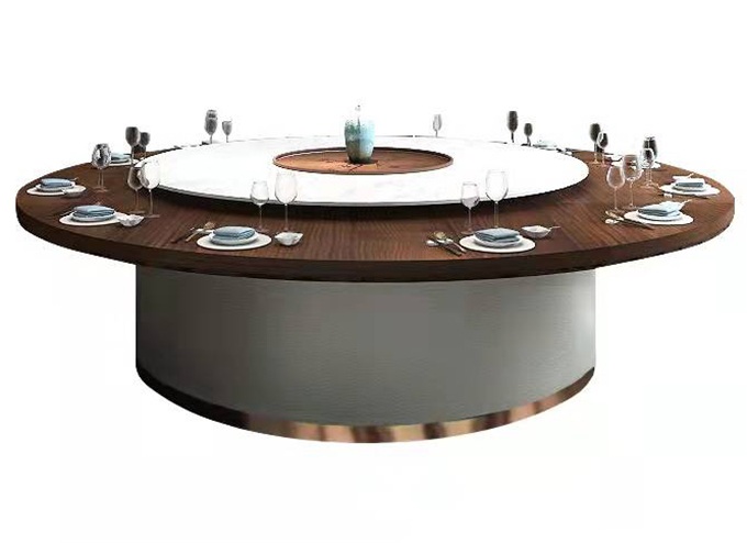飯店包房實木（mù）電動圓（yuán）桌搭配岩（yán）板轉盤餐桌