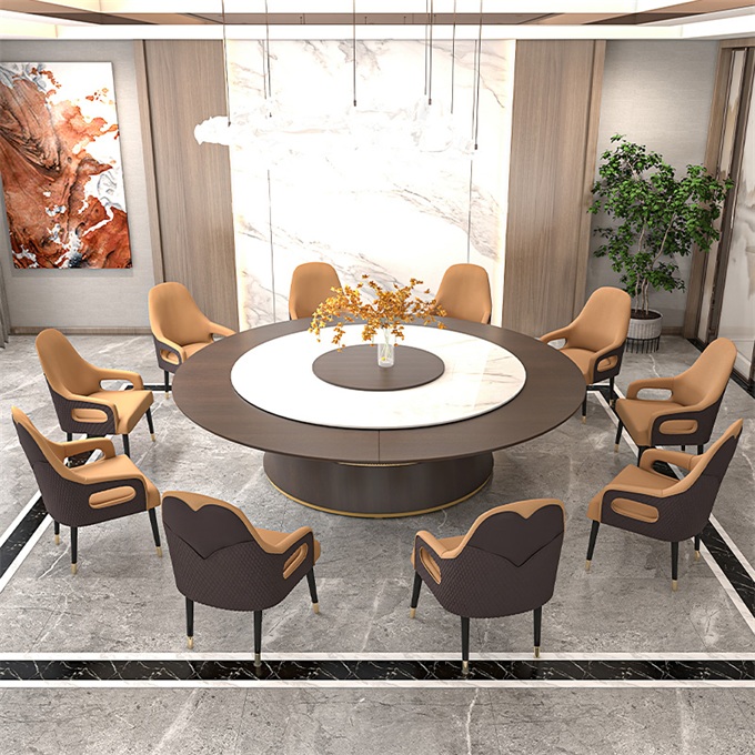 酒店包廂輕奢烏金木岩板靜音電動轉盤餐桌