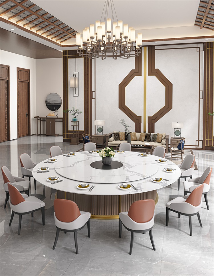 會所別墅包廂自動轉盤岩板高檔電動餐桌大圓（yuán）桌