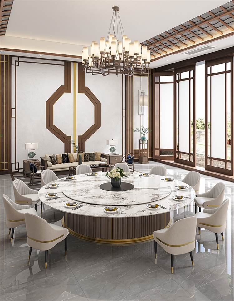 會（huì）所別墅包廂自動轉（zhuǎn）盤（pán）岩板高檔電動餐桌大圓桌