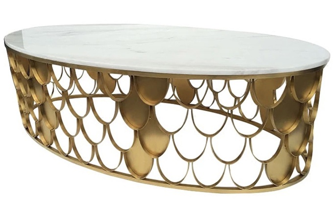 商務ktv後現代鍍金色不鏽鋼橢圓魚鱗茶幾