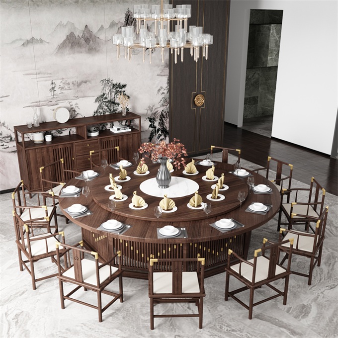 會（huì）所包廂新中式禪意輕奢實木電（diàn）動旋轉餐桌椅