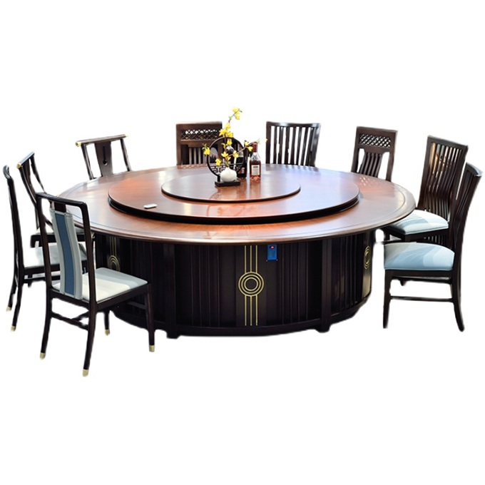 飯（fàn）店包廂中式實木帶轉（zhuǎn）盤電動餐桌大圓桌