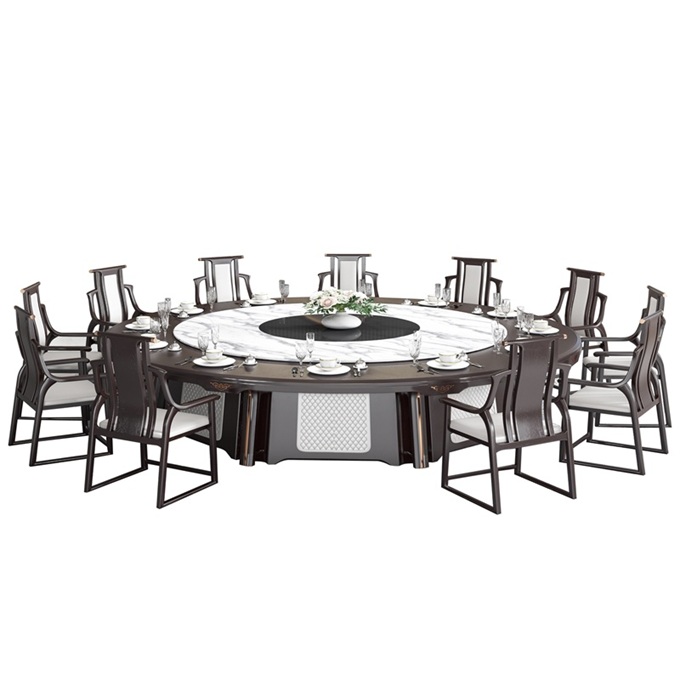 酒樓飯（fàn）店包間新中式（shì）岩石板實木旋轉電動餐桌