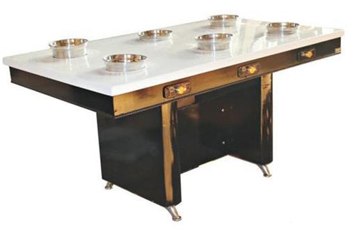 6人（rén）位一人一鍋電磁爐火鍋桌_不鏽鋼桌腳大（dà）理石桌麵小火鍋桌